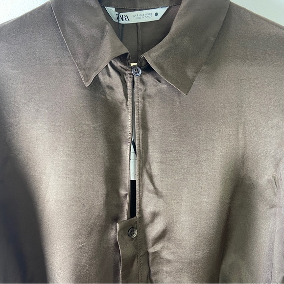 Zara Brown Satin Mini Shirt Dress Ruched Sides - Size S - Picture 4 of 7